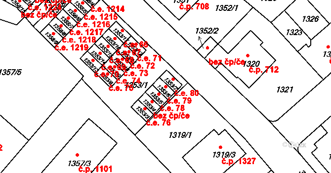 Pelhřimov 79 na parcele st. 1353/6 v KÚ Pelhřimov, Katastrální mapa