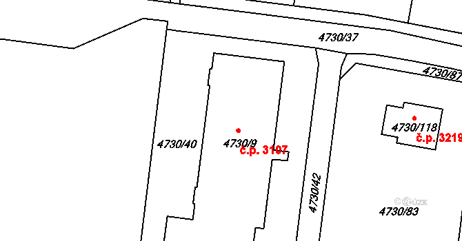 Teplice 3107 na parcele st. 4730/9 v KÚ Teplice, Katastrální mapa