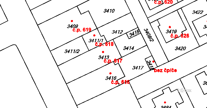 Záběhlice 617, Praha na parcele st. 3413 v KÚ Záběhlice, Katastrální mapa