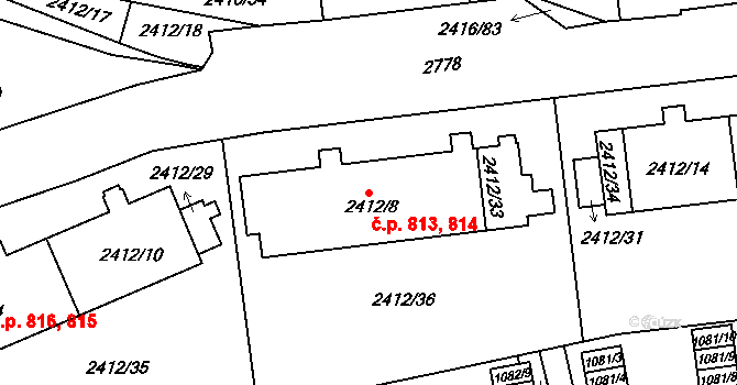 Hostivař 813,814, Praha na parcele st. 2412/8 v KÚ Hostivař, Katastrální mapa