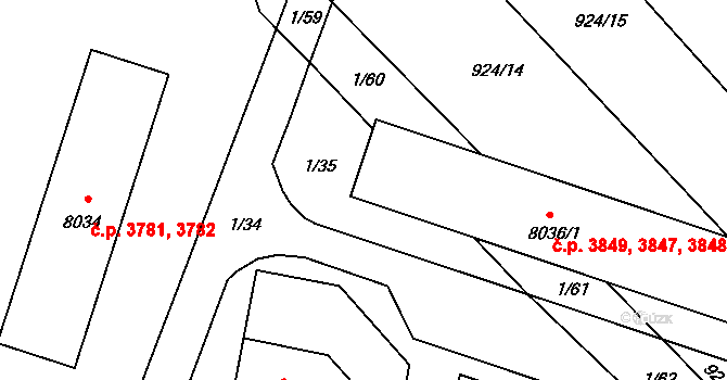 Hodonín 3847,3848,3849 na parcele st. 8036/1 v KÚ Hodonín, Katastrální mapa