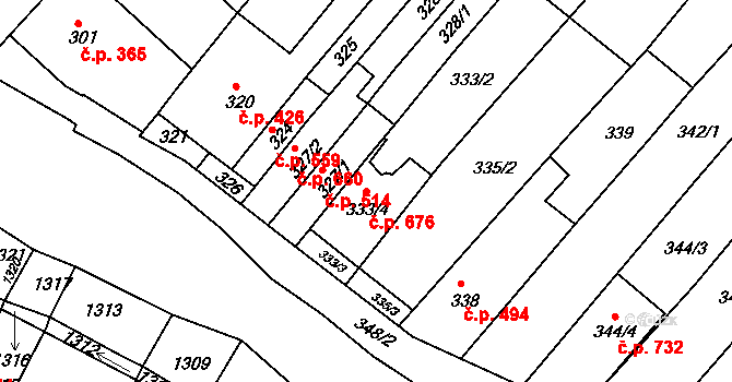 Bosonohy 676, Brno na parcele st. 333/4 v KÚ Bosonohy, Katastrální mapa