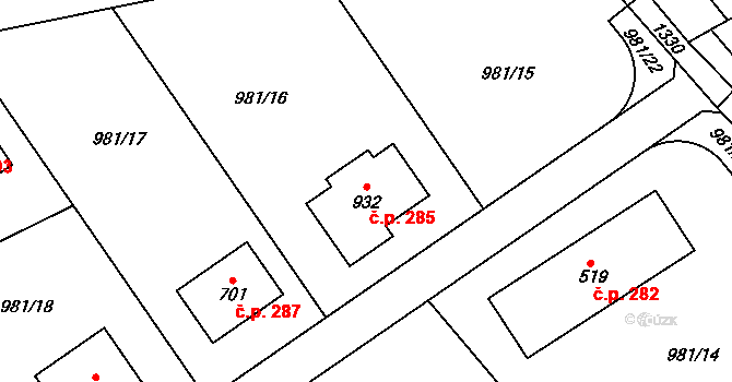 Želivec 285, Sulice na parcele st. 932 v KÚ Sulice, Katastrální mapa