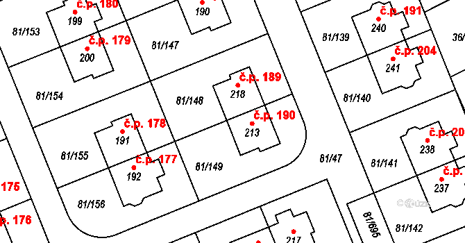 Nupaky 190 na parcele st. 213 v KÚ Nupaky, Katastrální mapa
