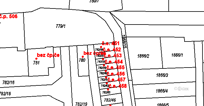 Podbořany 452 na parcele st. 782/57 v KÚ Podbořany, Katastrální mapa