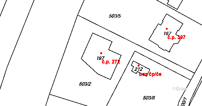 Dobronín 272 na parcele st. 197 v KÚ Střelecká, Katastrální mapa