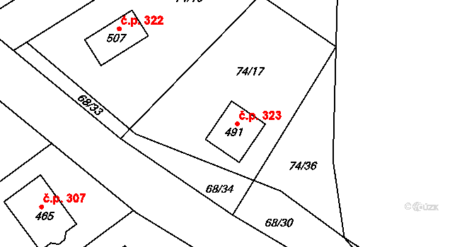 Broumy 323 na parcele st. 491 v KÚ Broumy, Katastrální mapa