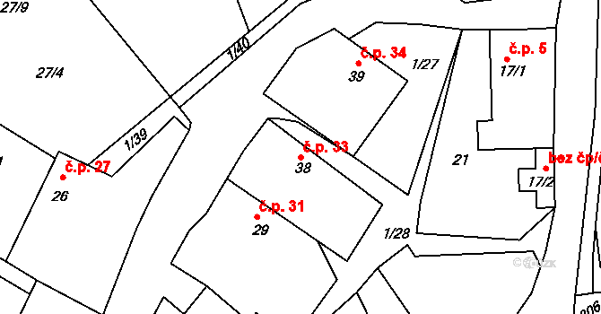 Skoranov 33, Třemošnice na parcele st. 38 v KÚ Skoranov, Katastrální mapa