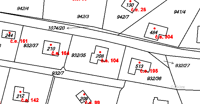 Vlkančice 104 na parcele st. 208 v KÚ Vlkančice, Katastrální mapa