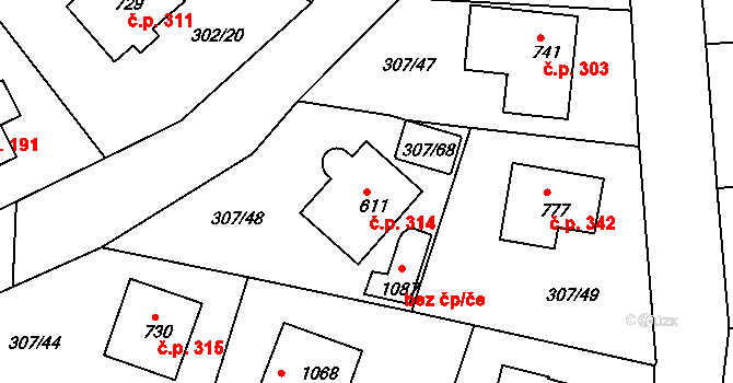 Štěchovice 314 na parcele st. 611 v KÚ Štěchovice u Prahy, Katastrální mapa