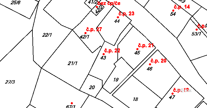 Přívětice 22 na parcele st. 43 v KÚ Přívětice, Katastrální mapa