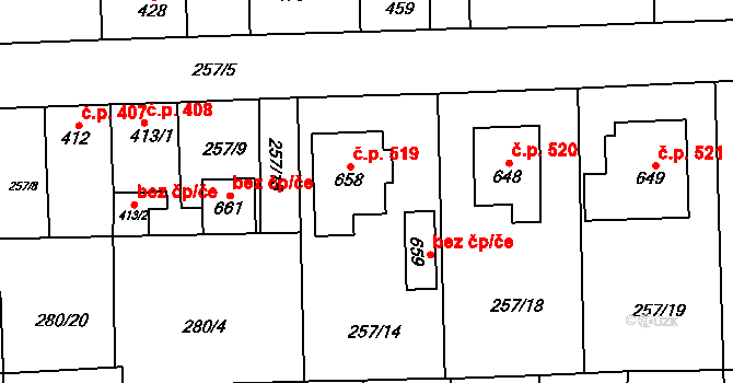 Horní Jelení 519 na parcele st. 658 v KÚ Horní Jelení, Katastrální mapa