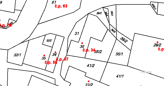 Vranová 34 na parcele st. 30 v KÚ Vranová u Letovic, Katastrální mapa