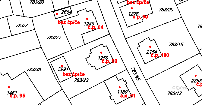 Nádražní Předměstí 68, Český Krumlov na parcele st. 1250 v KÚ Český Krumlov, Katastrální mapa