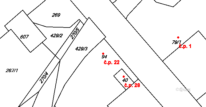 Sulec 22, Toužetín na parcele st. 94 v KÚ Toužetín, Katastrální mapa