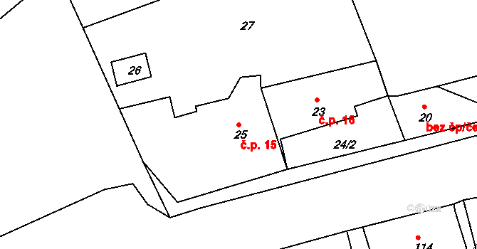 Roztoky 15, Povrly na parcele st. 25 v KÚ Roztoky nad Labem, Katastrální mapa