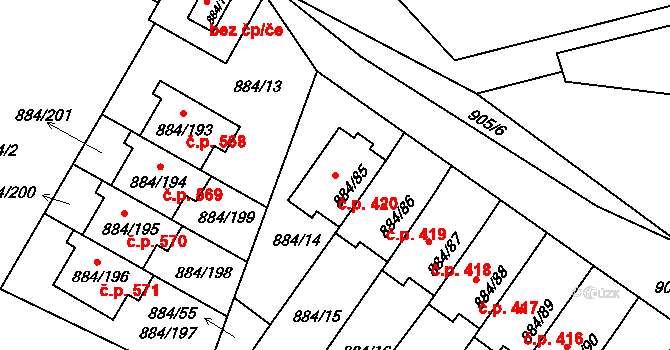 Štěnovice 420 na parcele st. 884/85 v KÚ Štěnovice, Katastrální mapa