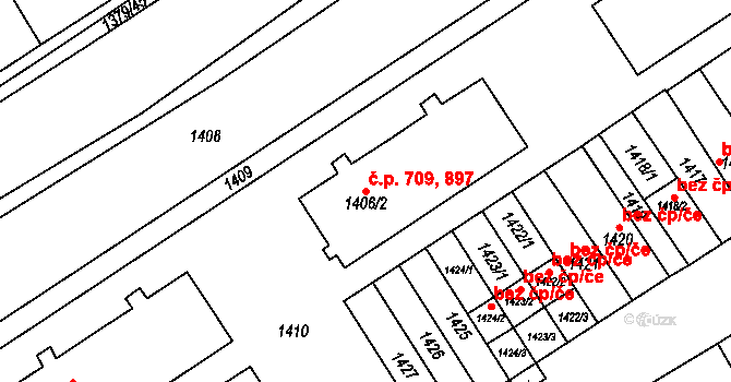 Pohořelice 709,897 na parcele st. 1406/2 v KÚ Pohořelice nad Jihlavou, Katastrální mapa