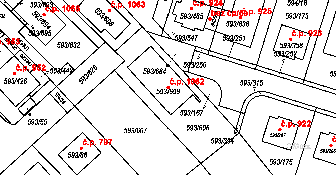 Rajhrad 1062 na parcele st. 593/699 v KÚ Rajhrad, Katastrální mapa