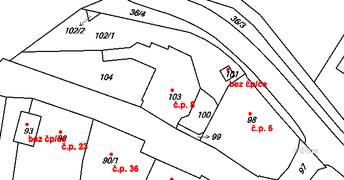 Sadov 8 na parcele st. 103 v KÚ Sadov, Katastrální mapa