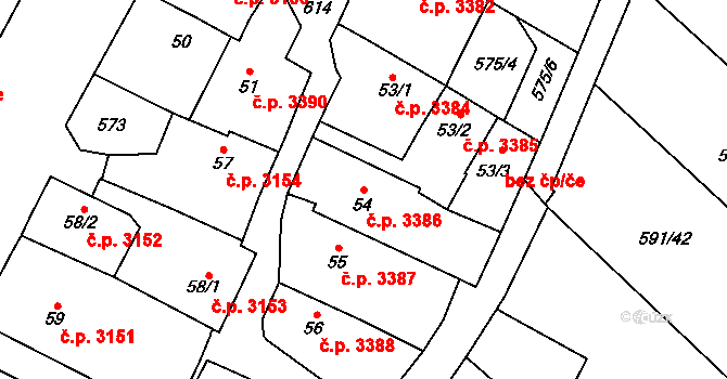 Jihlava 3386 na parcele st. 54 v KÚ Bedřichov u Jihlavy, Katastrální mapa