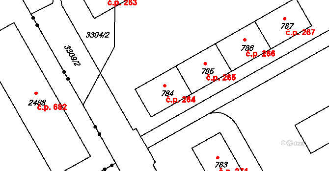 Lyžbice 264, Třinec na parcele st. 784 v KÚ Lyžbice, Katastrální mapa