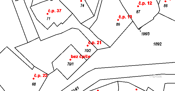 Pacetluky 21 na parcele st. 70/2 v KÚ Pacetluky, Katastrální mapa