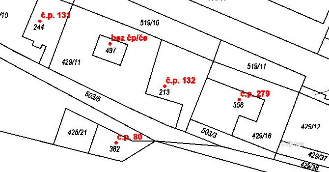 Nižbor 132 na parcele st. 213 v KÚ Nižbor, Katastrální mapa