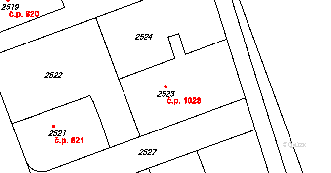 Hulín 1028 na parcele st. 2523 v KÚ Hulín, Katastrální mapa
