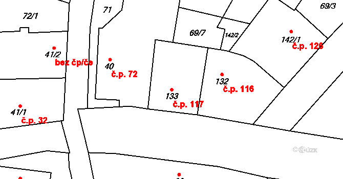 Chomutice 117 na parcele st. 133 v KÚ Chomutice, Katastrální mapa