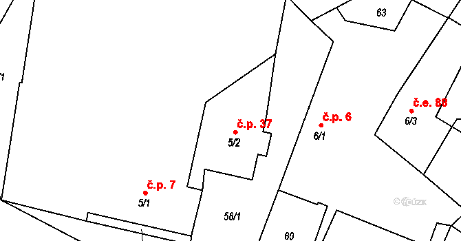 Prostřední Lhota 37, Chotilsko na parcele st. 5/2 v KÚ Prostřední Lhota, Katastrální mapa