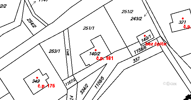 Orličky 181 na parcele st. 140/2 v KÚ Orličky, Katastrální mapa
