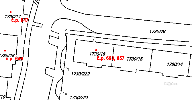 Miřetice u Klášterce nad Ohří 657,658, Klášterec nad Ohří na parcele st. 1730/16 v KÚ Miřetice u Klášterce nad Ohří, Katastrální mapa