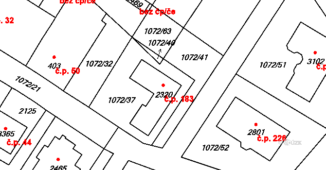 Hamrníky 183, Mariánské Lázně na parcele st. 2320 v KÚ Úšovice, Katastrální mapa