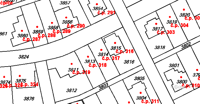 Záběhlice 317, Praha na parcele st. 3814 v KÚ Záběhlice, Katastrální mapa