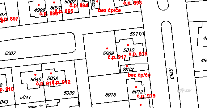 Záběhlice 917, Praha na parcele st. 5009 v KÚ Záběhlice, Katastrální mapa