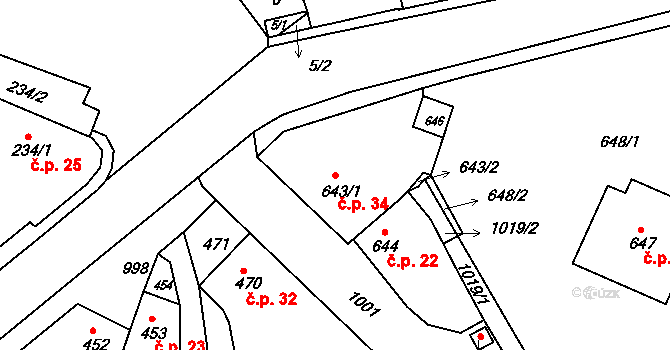 Řícmanice 34 na parcele st. 643/1 v KÚ Řícmanice, Katastrální mapa