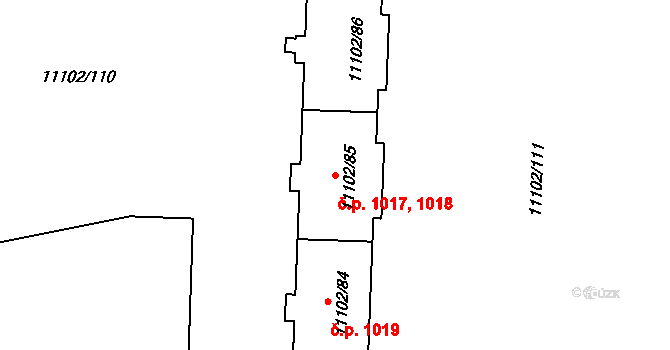 Severní Předměstí 1017,1018, Plzeň na parcele st. 11102/86 v KÚ Plzeň, Katastrální mapa