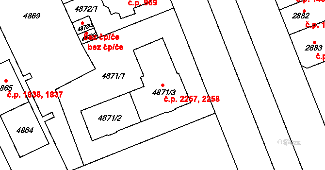 Východní Předměstí 2257,2258, Plzeň na parcele st. 4871/3 v KÚ Plzeň, Katastrální mapa