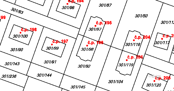 Hlušovice 196 na parcele st. 301/98 v KÚ Hlušovice, Katastrální mapa