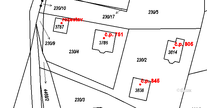 Ostravice 751 na parcele st. 3786 v KÚ Staré Hamry 2, Katastrální mapa