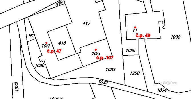 Kamenná Horka 107 na parcele st. 10/3 v KÚ Česká Kamenná Horka, Katastrální mapa