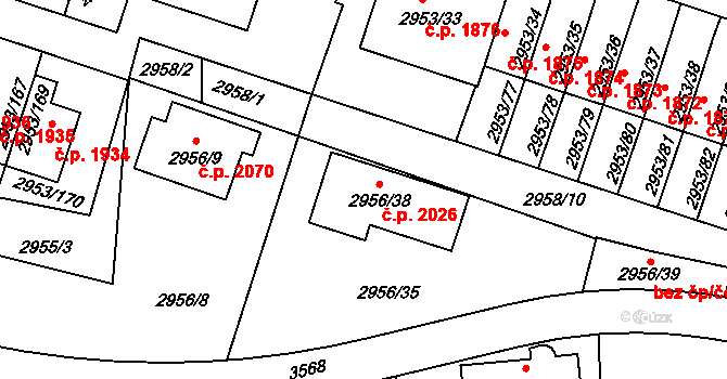 Kadaň 2026 na parcele st. 2956/38 v KÚ Kadaň, Katastrální mapa