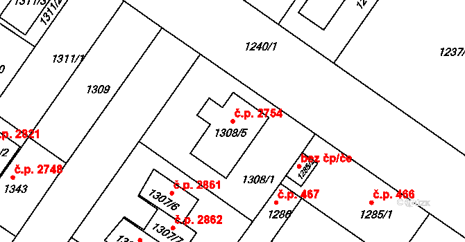 České Budějovice 3 2754, České Budějovice na parcele st. 1308/5 v KÚ České Budějovice 3, Katastrální mapa