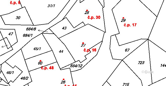Rovné 16, Bystřice nad Pernštejnem na parcele st. 27 v KÚ Rovné, Katastrální mapa
