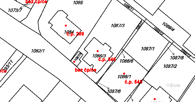 Bystřice nad Pernštejnem 546 na parcele st. 1086/3 v KÚ Bystřice nad Pernštejnem, Katastrální mapa