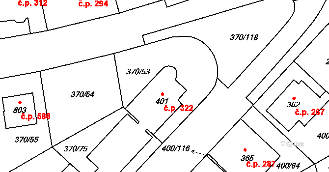 Prštné 322, Zlín na parcele st. 401 v KÚ Prštné, Katastrální mapa