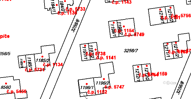 Zlín 1141 na parcele st. 1197/2 v KÚ Zlín, Katastrální mapa