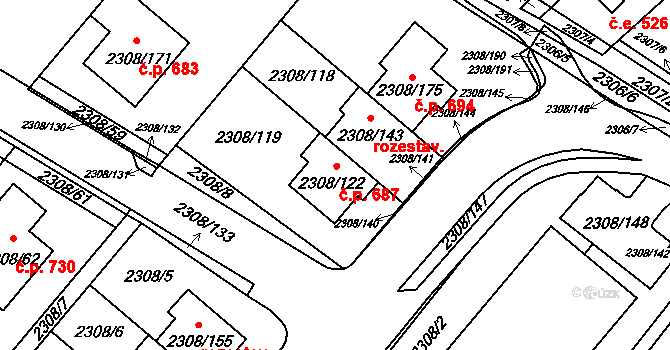Obřany 687, Brno na parcele st. 2308/122 v KÚ Obřany, Katastrální mapa