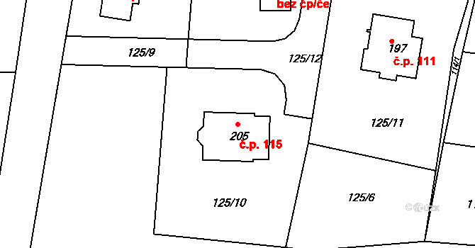 Struhařov 115 na parcele st. 205 v KÚ Struhařov u Benešova, Katastrální mapa